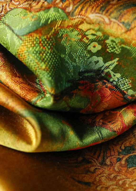 Khaki Stand Collar Button Side Open Print Silk Vests Spring