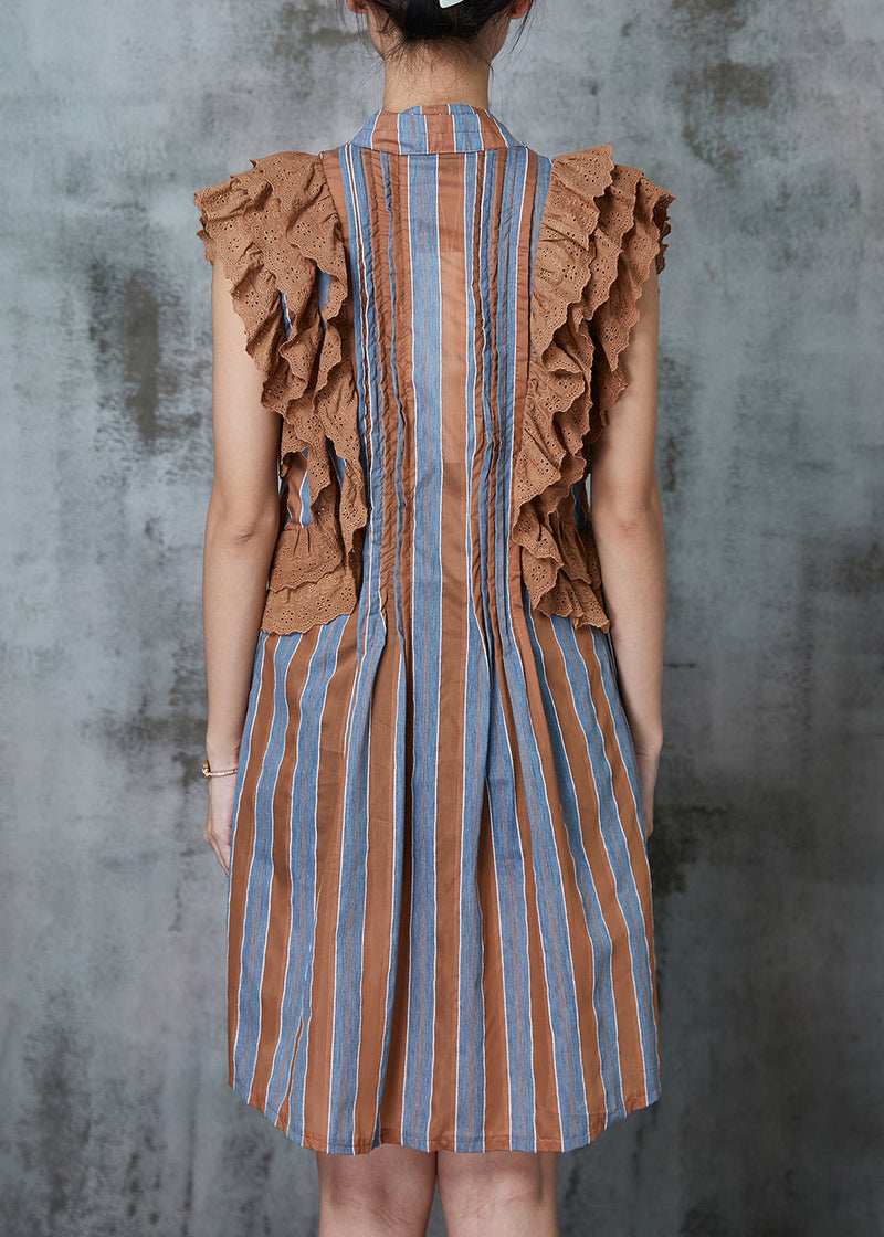 Khaki Striped Patchwork Ruffles Cotton Mini Dress Sleeveless