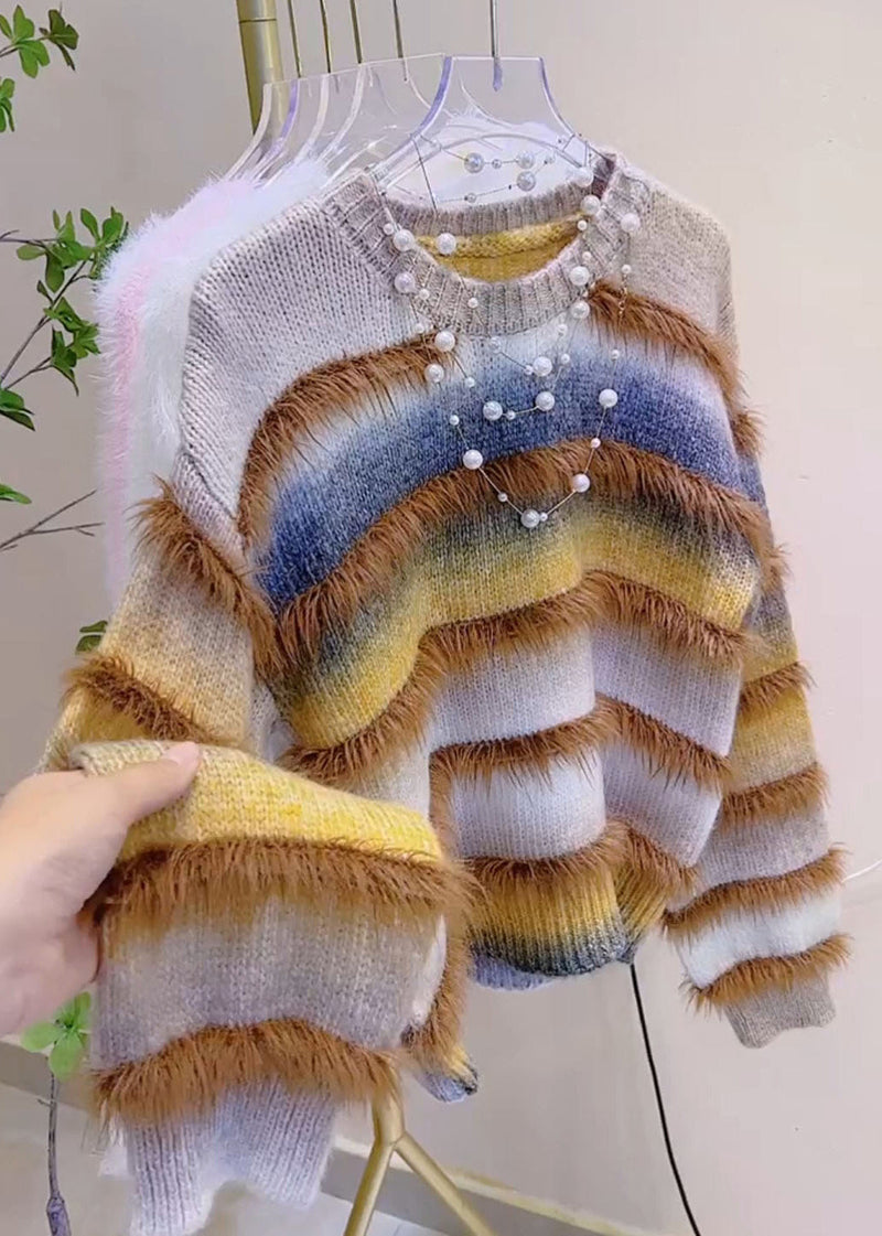 Khaki Striped Tassel Cozy Cotton Knit Sweater Winter