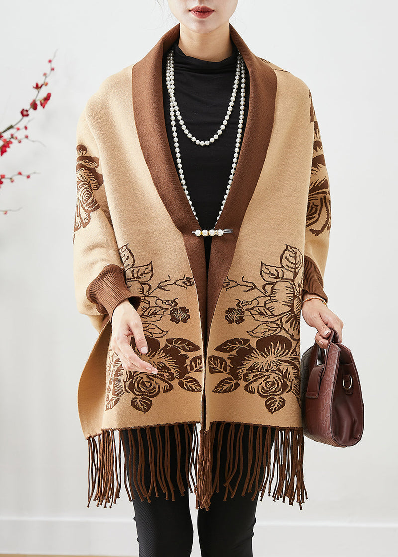 Khaki Tasseled Print Knit Loose Coat Fall