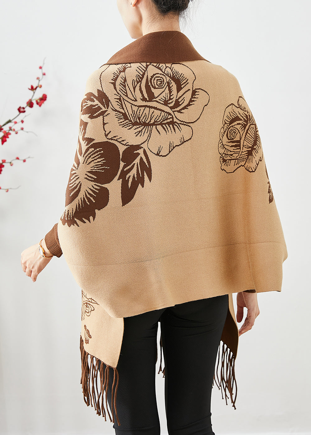 Khaki Tasseled Print Knit Loose Coat Fall