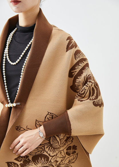 Khaki Tasseled Print Knit Loose Coat Fall