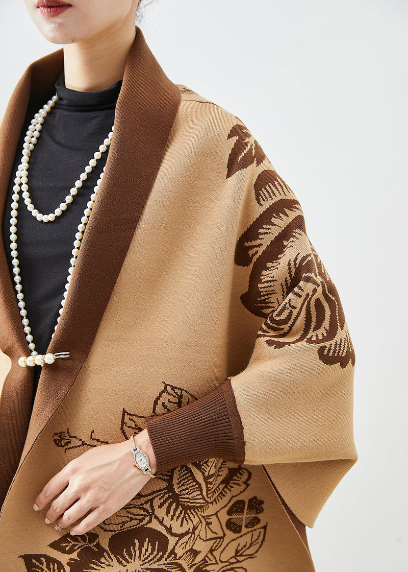 Khaki Tasseled Print Knit Loose Coat Fall