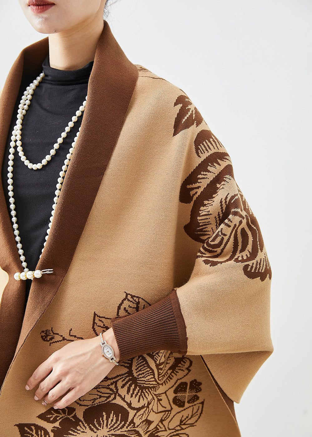 Khaki Tasseled Print Knit Loose Coat Fall