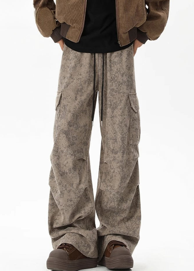 Khaki Tie Dye Pockets Corduroy Pants Elastic Waist Spring