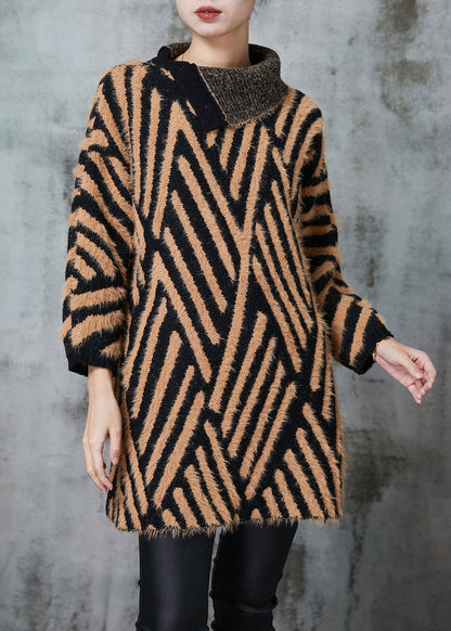 Khaki Turtle Neck Striped Knit Long Sweater Winter