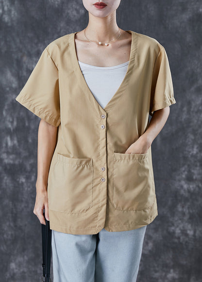 Khaki V Neck Pockets Cotton Shirt Tops Summer