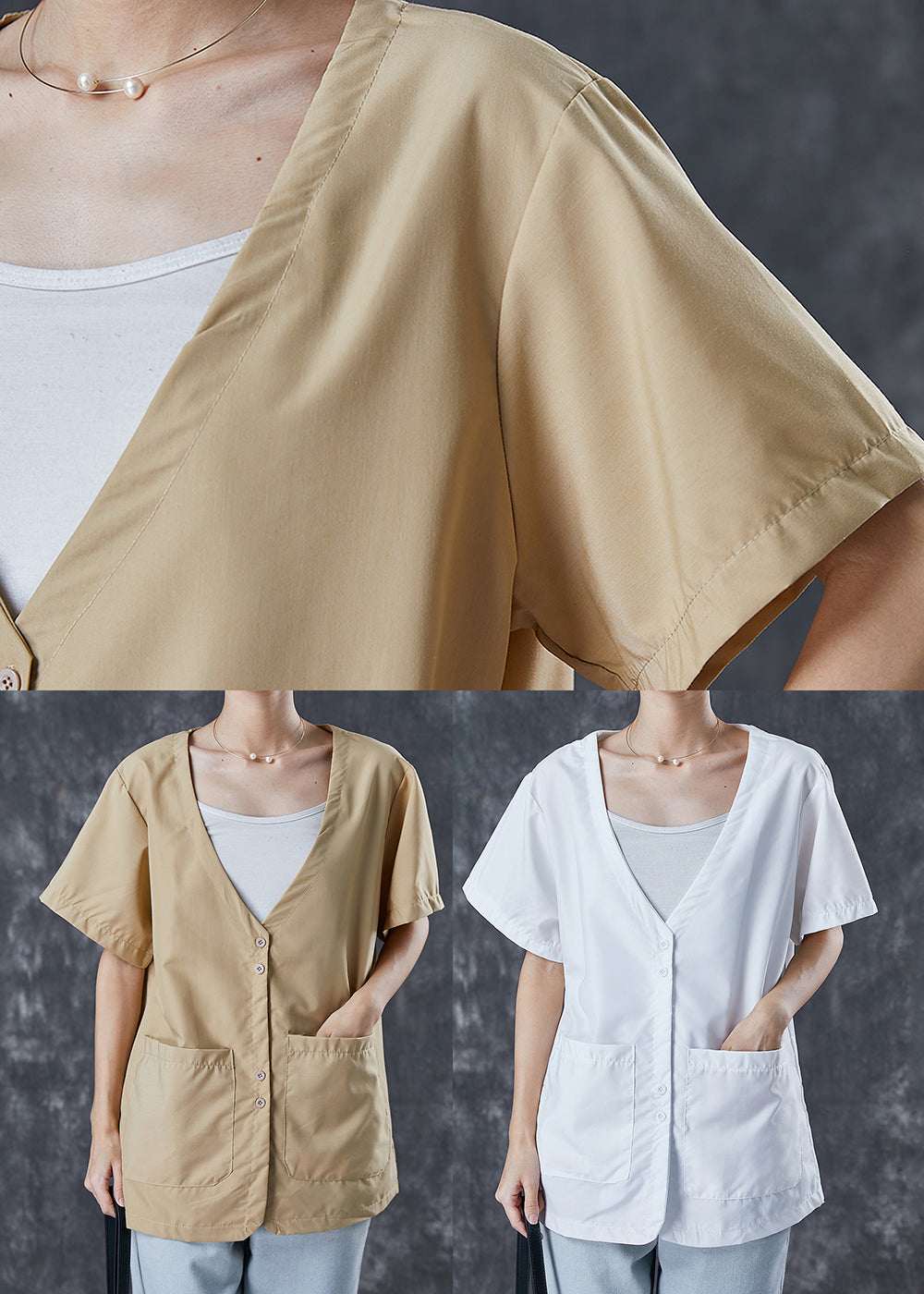Khaki V Neck Pockets Cotton Shirt Tops Summer