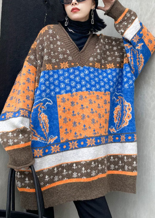 Khaki V Neck Print Loose Fall Knit Sweaters