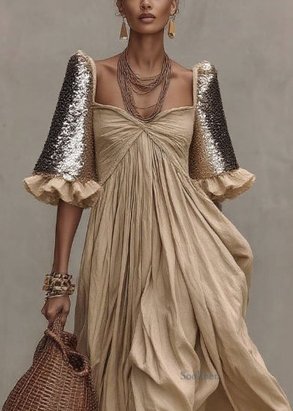 Khaki Wrinkled Patchwork Maxi Dresses Short Sleeve