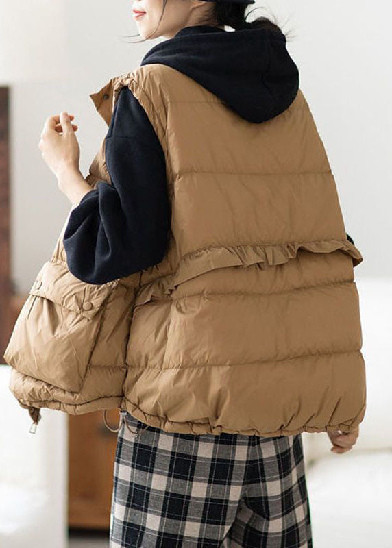 Khaki Zip Up Ruffled Drawstring Duck Down Puffer Vest Winter