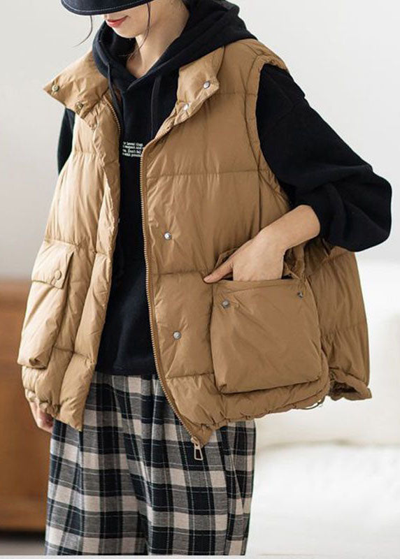 Khaki Zip Up Ruffled Drawstring Duck Down Puffer Vest Winter