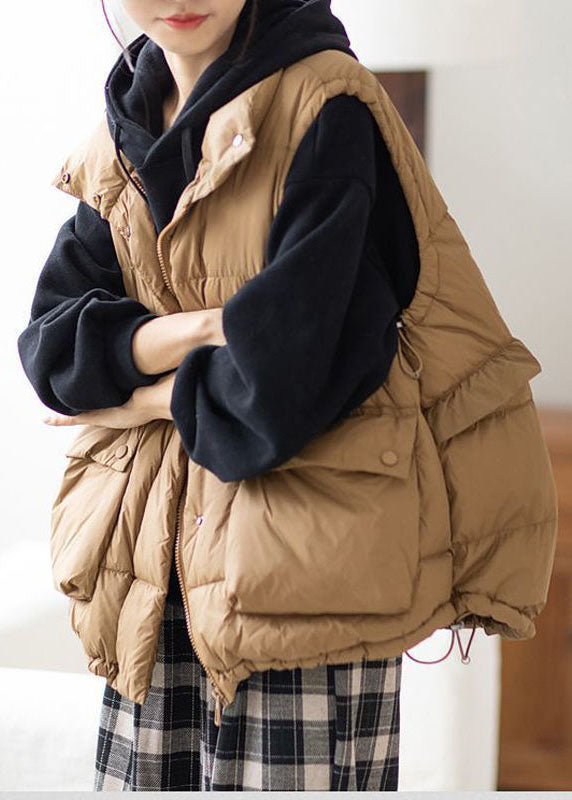 Khaki Zip Up Ruffled Drawstring Duck Down Puffer Vest Winter