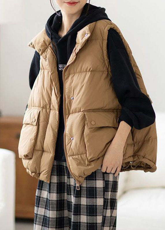 Khaki Zip Up Ruffled Drawstring Duck Down Puffer Vest Winter