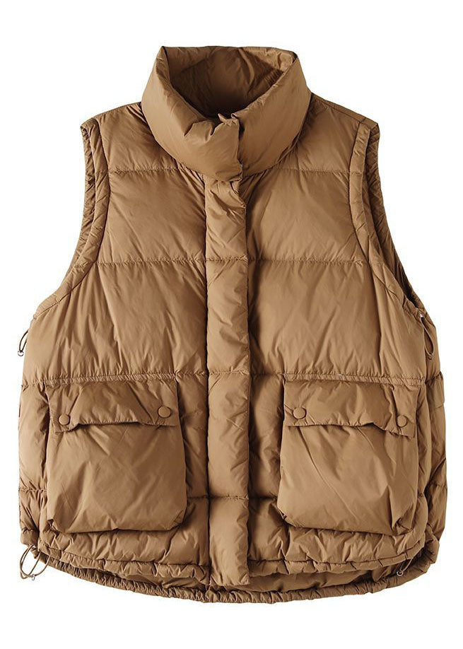 Khaki Zip Up Ruffled Drawstring Duck Down Puffer Vest Winter