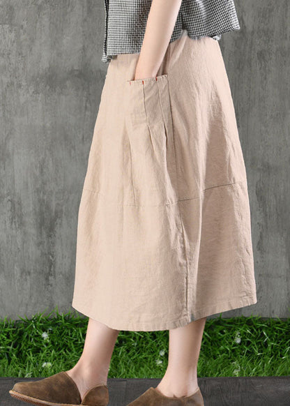 Khaki Elastic Waist Pockets Cotton Linen a Line Skirt Spring