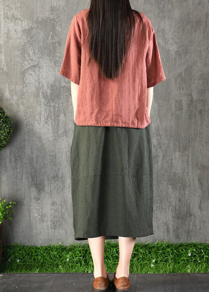 Khaki Elastic Waist Pockets Cotton Linen a Line Skirt Spring