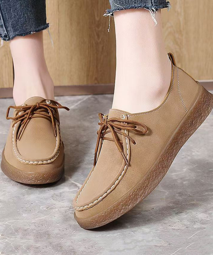 Lace Up Flat Feet Shoes Brown Faux Leather