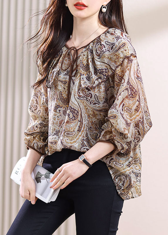 Lace Up Print Patchwork Chiffon Top Fall