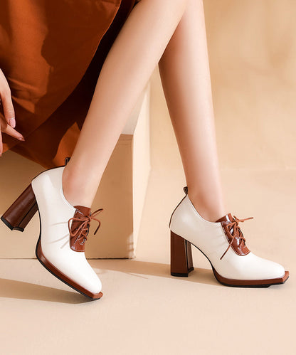 Lace Up Splicing Chunky High Heels Beige Cowhide Leather