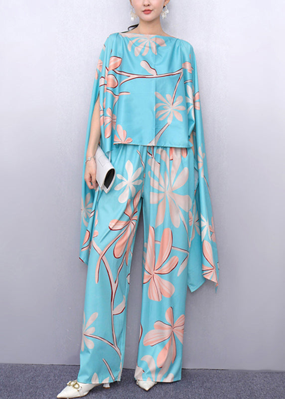 Lake Blue Asymmetrical Print Top and Wide Leg Pants Two Piece Set Fall