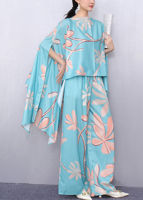 Lake Blue Asymmetrical Print Top and Wide Leg Pants Two Piece Set Fall