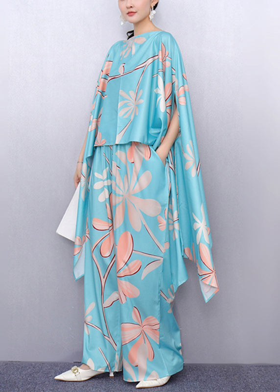 Lake Blue Asymmetrical Print Top and Wide Leg Pants Two Piece Set Fall