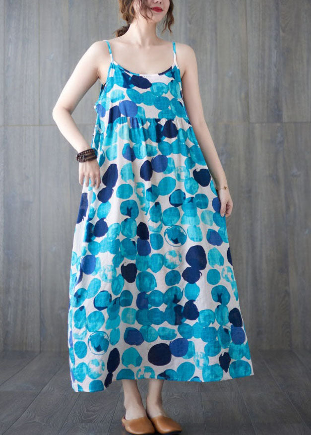 Lake Blue Backless Dot Print Linen Spaghetti Strap Dresses Sleeveless