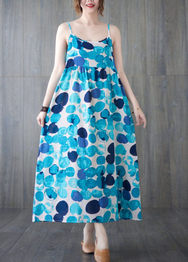 Lake Blue Backless Dot Print Linen Spaghetti Strap Dresses Sleeveless