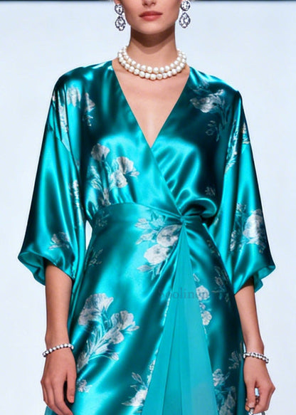 Lake Blue Print Tulle Patchwork Silk Long Dresses Summer