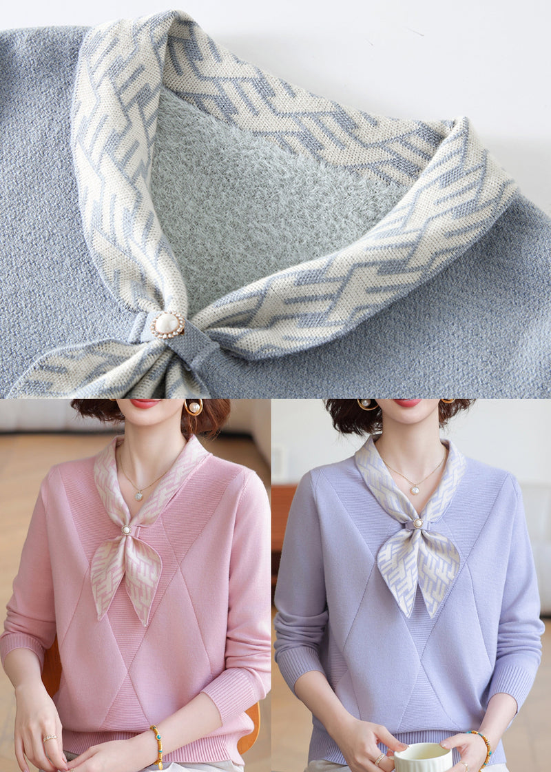 Lavender Bow Neck Striped Knit Shirts Winter