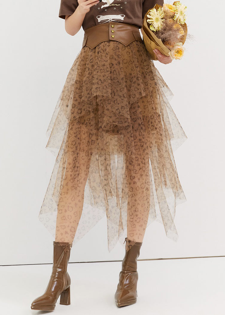 Leopard Asymmetrical High Waist Tulle Skirt Summer