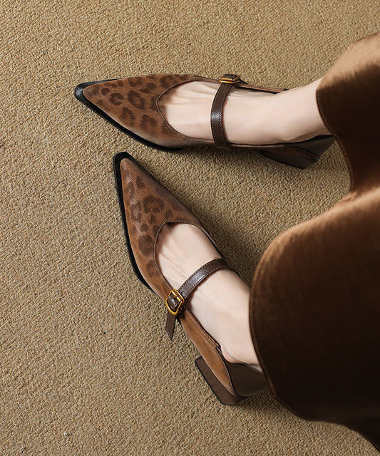 Leopard Brown Cowhide Leather Splicing Chunky High Heels