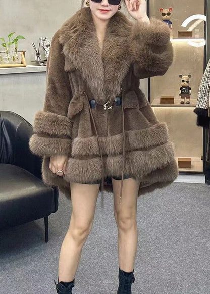 Leopard Fur Collar Drawstring Patchwork Faux Leather Coats Winter