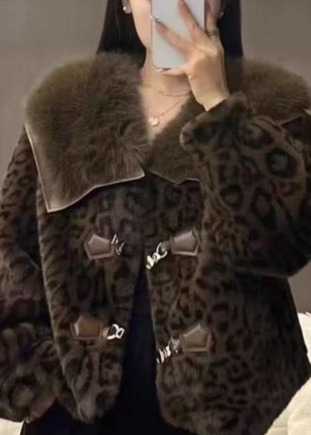 Leopard Peter Pan Collar Button Mink Hair Coats Winter