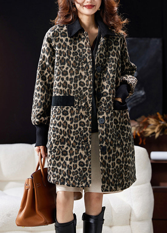Leopard Peter Pan Collar Pockets Patchwork Woolen Coat Winter