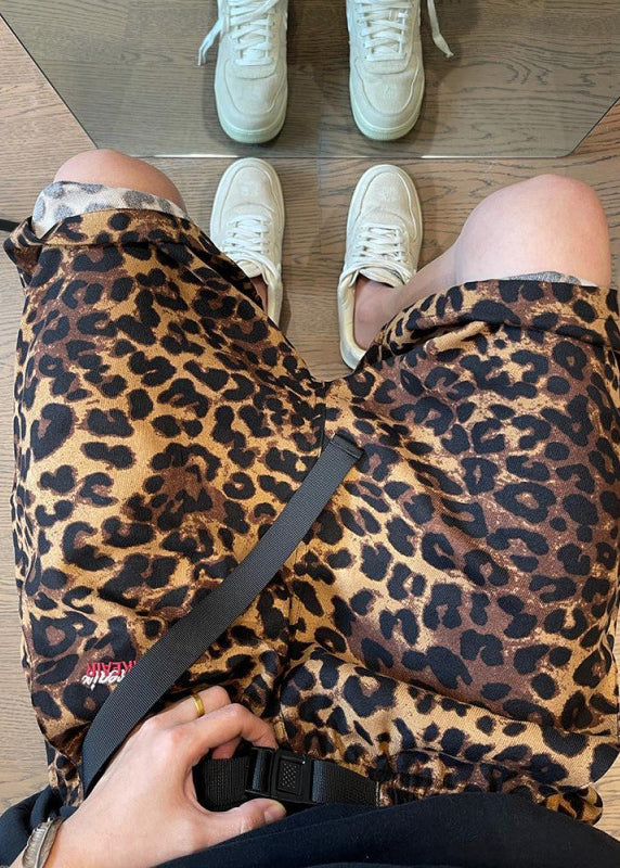 Leopard Pockets Elastic Waist Cotton Shorts Summer