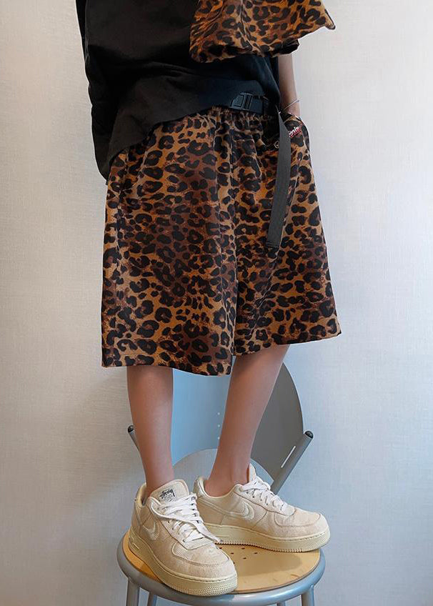 Leopard Pockets Elastic Waist Cotton Shorts Summer