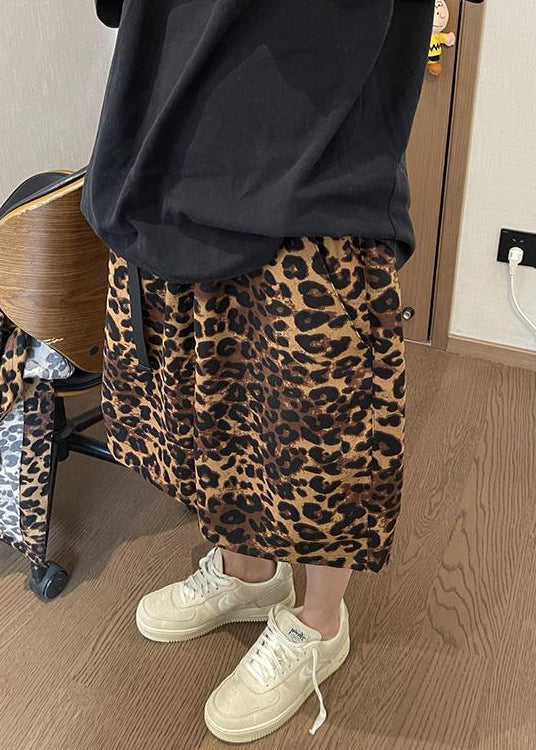 Leopard Pockets Elastic Waist Cotton Shorts Summer