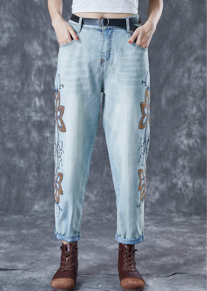 Light Blue Embroideried Zircon Denim Harem Pants Summer