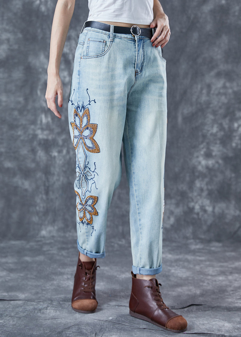 Light Blue Embroideried Zircon Denim Harem Pants Summer
