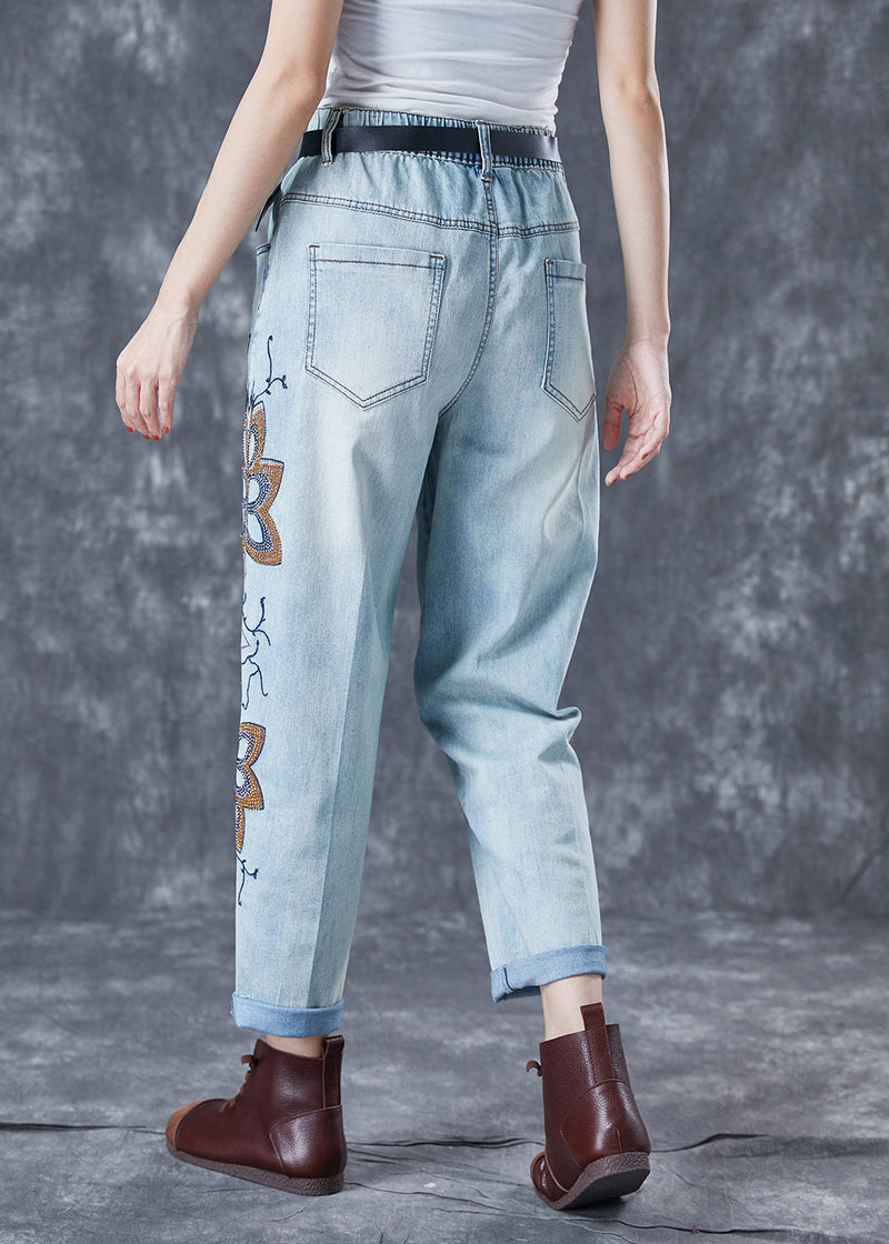 Light Blue Embroideried Zircon Denim Harem Pants Summer