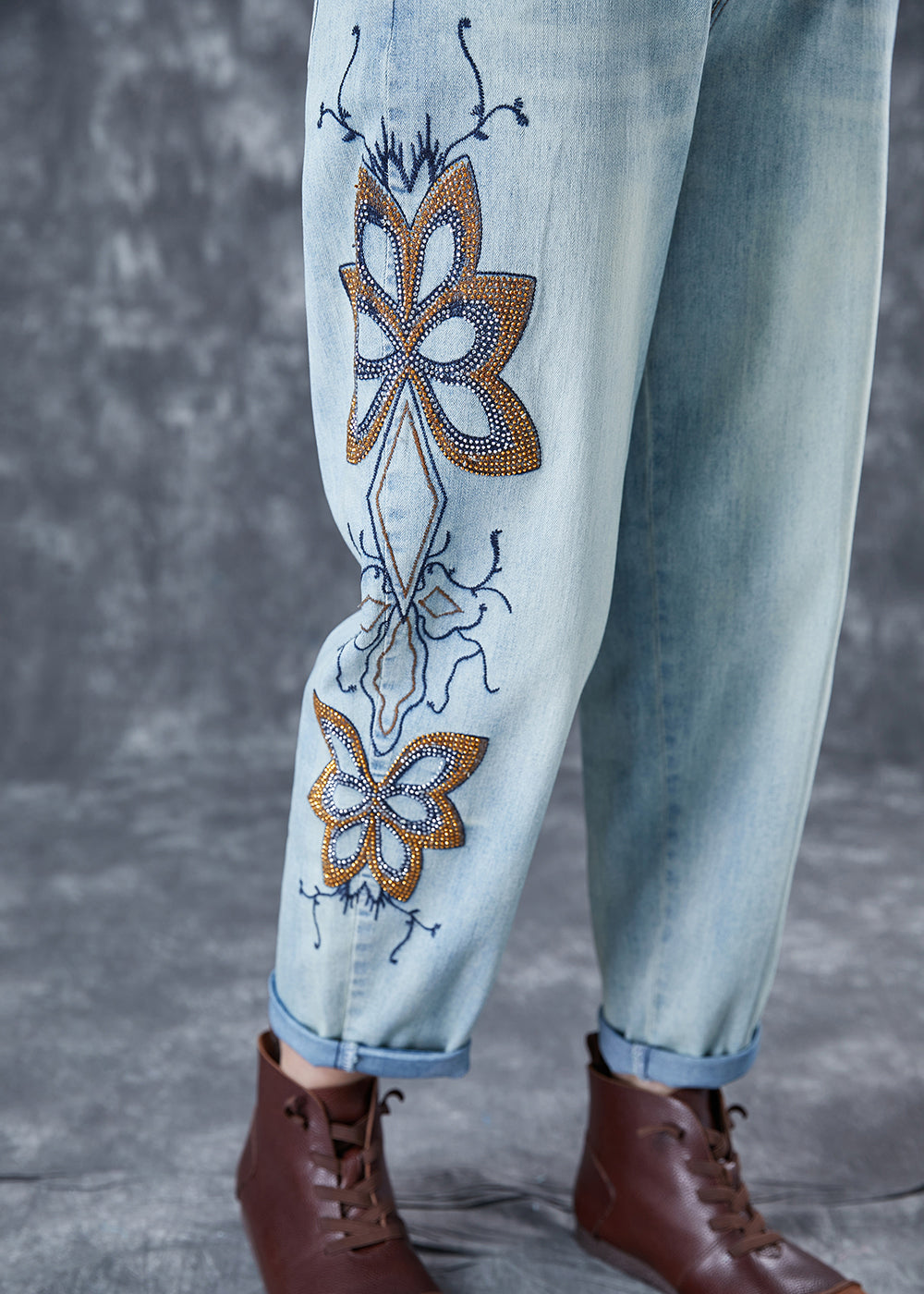Light Blue Embroideried Zircon Denim Harem Pants Summer