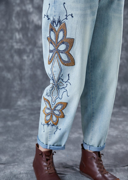 Light Blue Embroideried Zircon Denim Harem Pants Summer