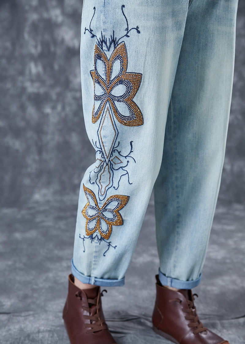 Light Blue Embroideried Zircon Denim Harem Pants Summer