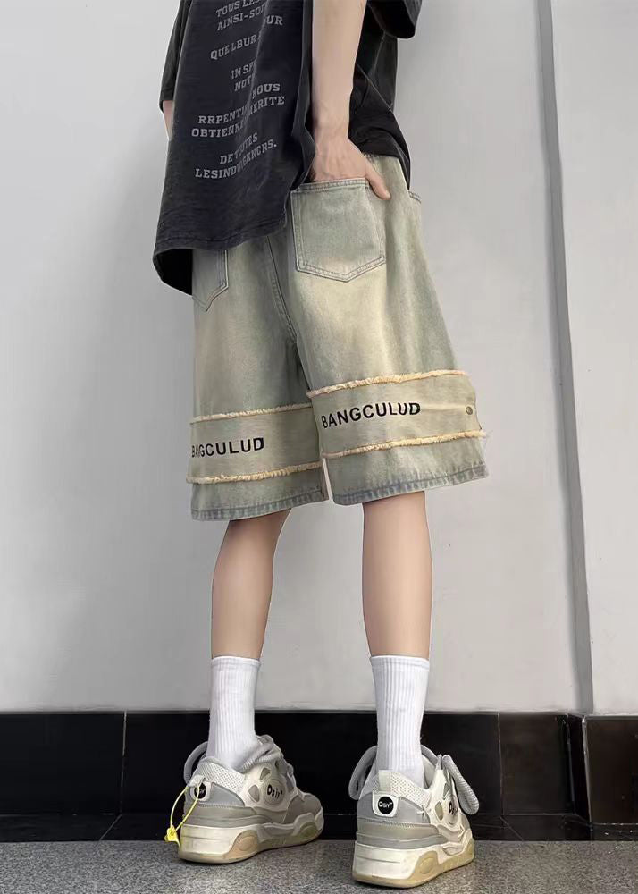 Light Blue Letter Elastic Waist Denim Shorts Summer