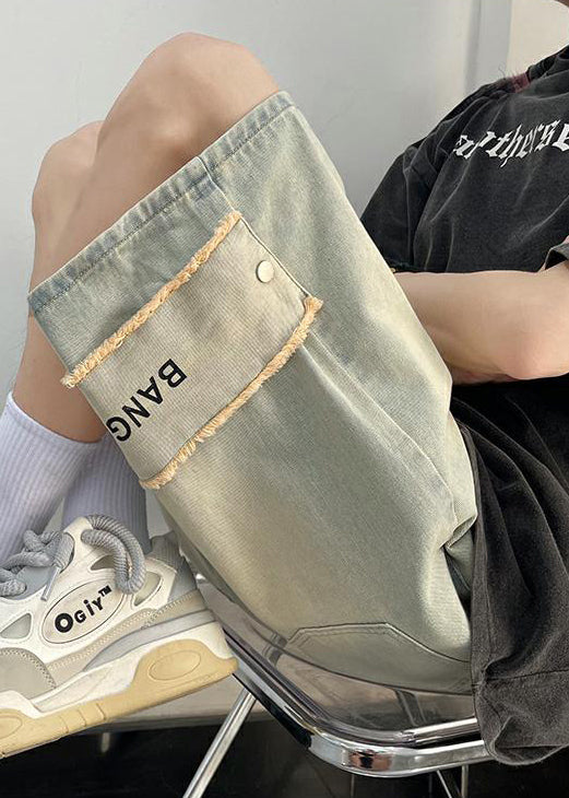 Light Blue Letter Elastic Waist Denim Shorts Summer
