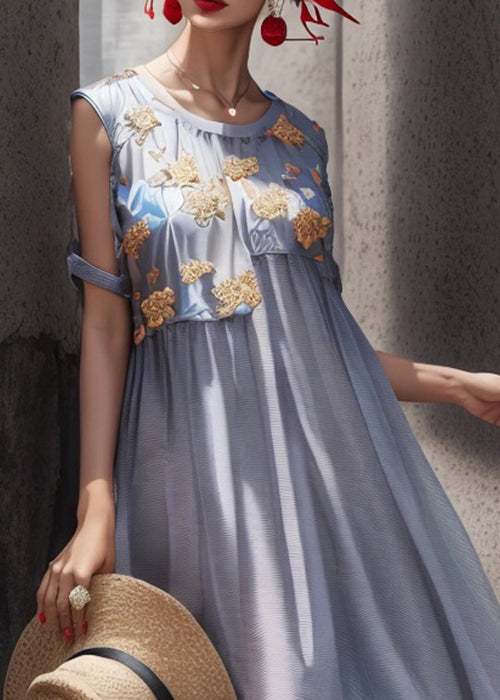 Light Blue O Neck Print Patchwork Silk Long Dresses Summer