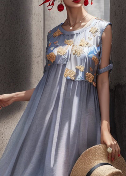 Light Blue O Neck Print Patchwork Silk Long Dresses Summer