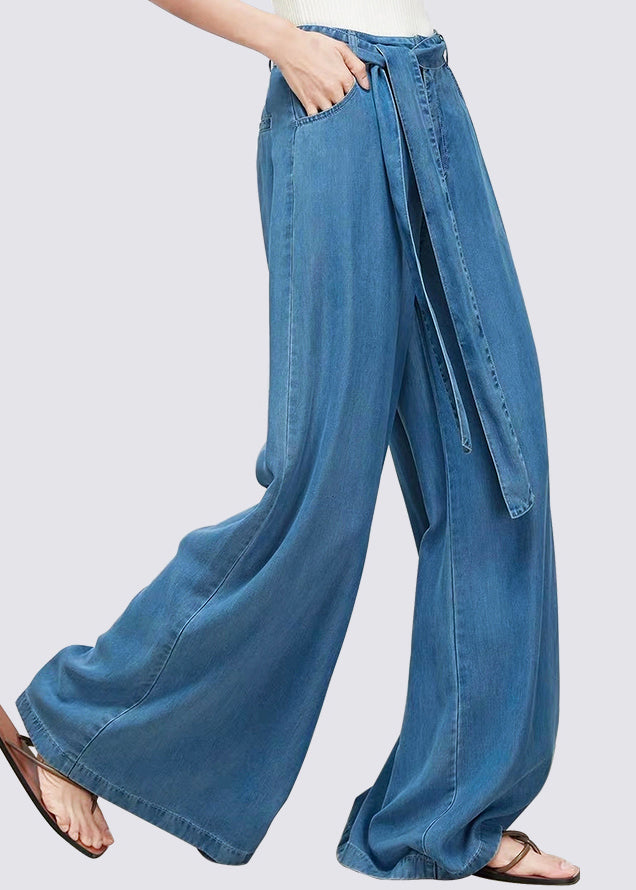 Light Blue Pockets Tie Waist Denim Silk Wide Leg Pants Fall